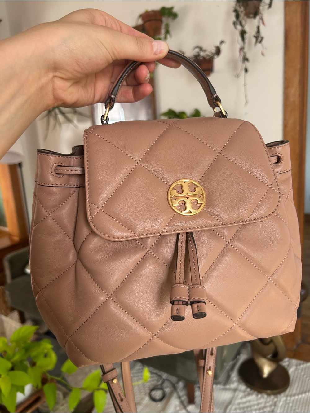 Tory Burch Quilted Leather Top-Handle Backpack - Taupe